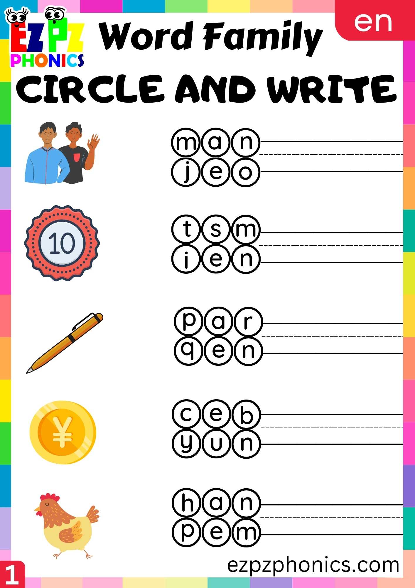 EN Words Circle And Write Phonics Word Families Worksheet